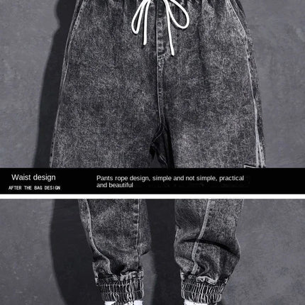 Loose Elastic Waist Denim Jeans for Men 2024 Fashion Casual Spring Workwear Foot-Tied Pants with Brand Workwear Baggy Trousers PlatiNum