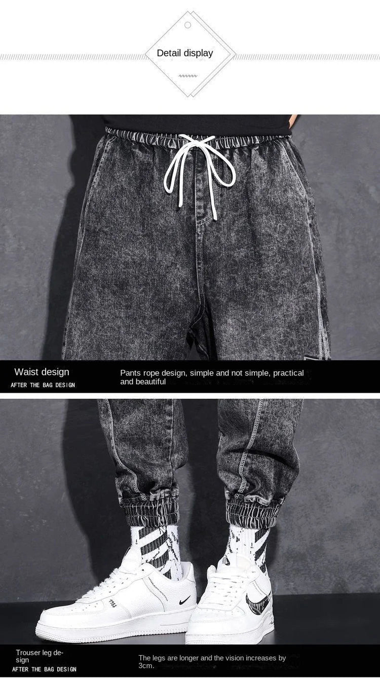 Loose Elastic Waist Denim Jeans for Men 2024 Fashion Casual Spring Workwear Foot-Tied Pants with Brand Workwear Baggy Trousers PlatiNum