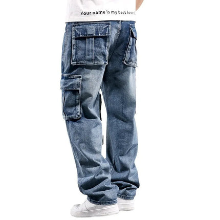 Wide Leg Pant Distressed Cargo Jean Men Jeans Washed Denim Patchwork Solid Full Length Pants Loose Pockets High Street 2025 PlatiNum