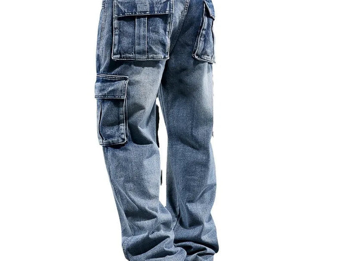 Wide Leg Pant Distressed Cargo Jean Men Jeans Washed Denim Patchwork Solid Full Length Pants Loose Pockets High Street 2025 PlatiNum