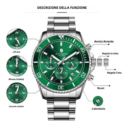 SAPPHERO Orologio Uomo Quarzo Lusso Cronografo Sport Acciaio Inossidabile Impermeabile 50M Data Luminoso Orologio Elegante Business