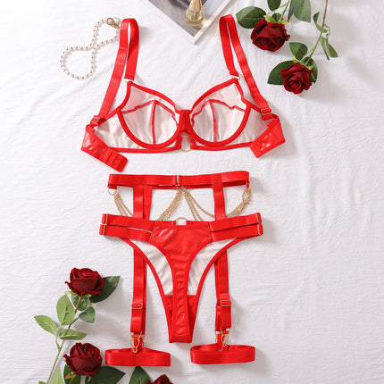 Foreign trade hot nightclub temptation metal chain sexy lingerie set spicy girl charming adjustable bra four piece set for women