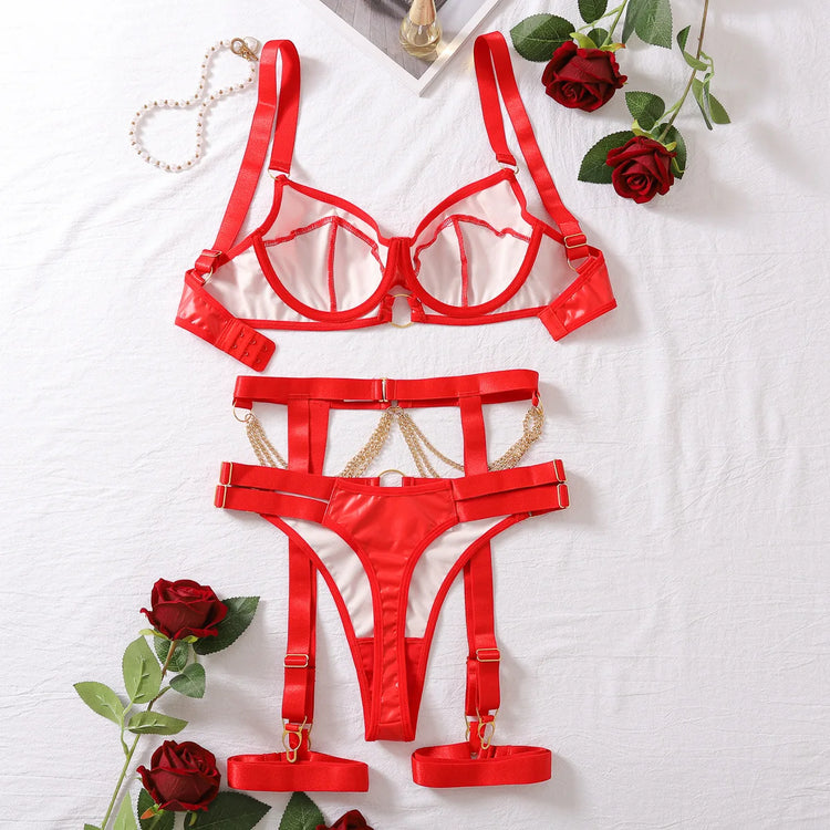 Foreign trade hot nightclub temptation metal chain sexy lingerie set spicy girl charming adjustable bra four piece set for women