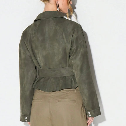 Belt Zipper Top with Waist Cinching American and European Style Streetwear Notched Lapel Thick No Hood Women Autumn Jacket