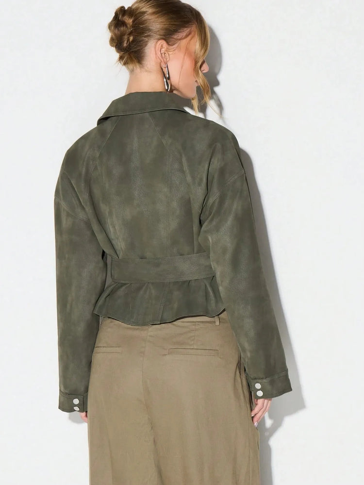 Belt Zipper Top with Waist Cinching American and European Style Streetwear Notched Lapel Thick No Hood Women Autumn Jacket