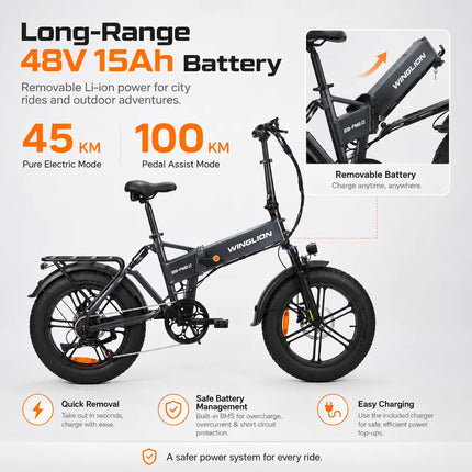 Nuova Bicicletta Elettrica Pieghevole WINGLION eb-fm2.0, Motore 720W, Batteria 48V 15AH, Pneumatici Larghi 20 "x4.0, Freno Idraulico, Ideale per Adulti, Città, Casa, Lavoro