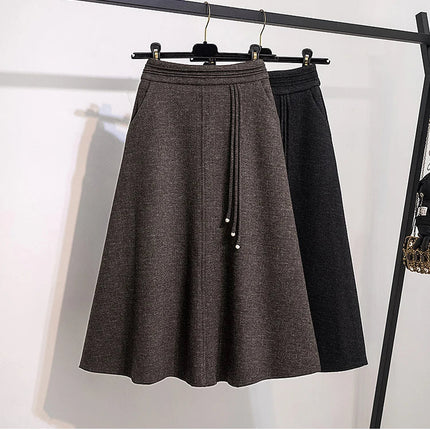 Thicken Woolen Skirt For Women Autumn Winter High Waist Loose A-Line Skirts Elegant Office Lady Mid-length Skirt PlatiNum