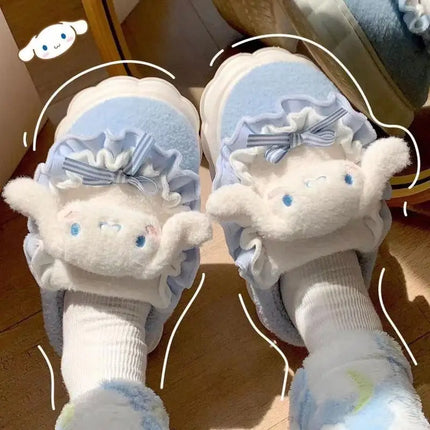 Women Cute Cartoon Plush Slippers Ruffled Lace Bow Warm Fuzzy Thick Non-Slip Sole Winter Indoor Bedroom Cozy House Shoes Girls