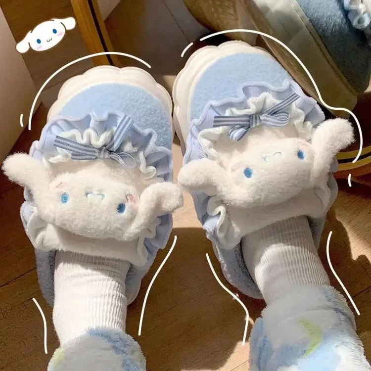 Women Cute Cartoon Plush Slippers Ruffled Lace Bow Warm Fuzzy Thick Non-Slip Sole Winter Indoor Bedroom Cozy House Shoes Girls