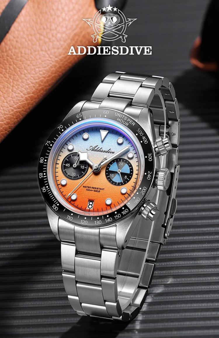 ADDIESDIVE 40mm Quartz Men's Watch AD2559 316L Stainless Steel 100M Water Resistant BGW9 Super Luminous Chronograph