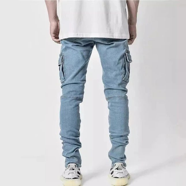 Men Street Elastic Denim Jeans Wash Solid Color Multi Pockets Cargo Pants Casual Slim Fit Daily Wear Joggers Mid Waist Trousers PlatiNum