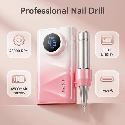 Electric Nail Drill Machine, 45000RPM Professional Nail File Cordless Rechargeable Nail Efile Battery 4500Mah For  Acrylic Gel Nails, Manicure Pedicure Polishing Shape Tools for Salon Home Use- Nail Drill For All Festvial Gif