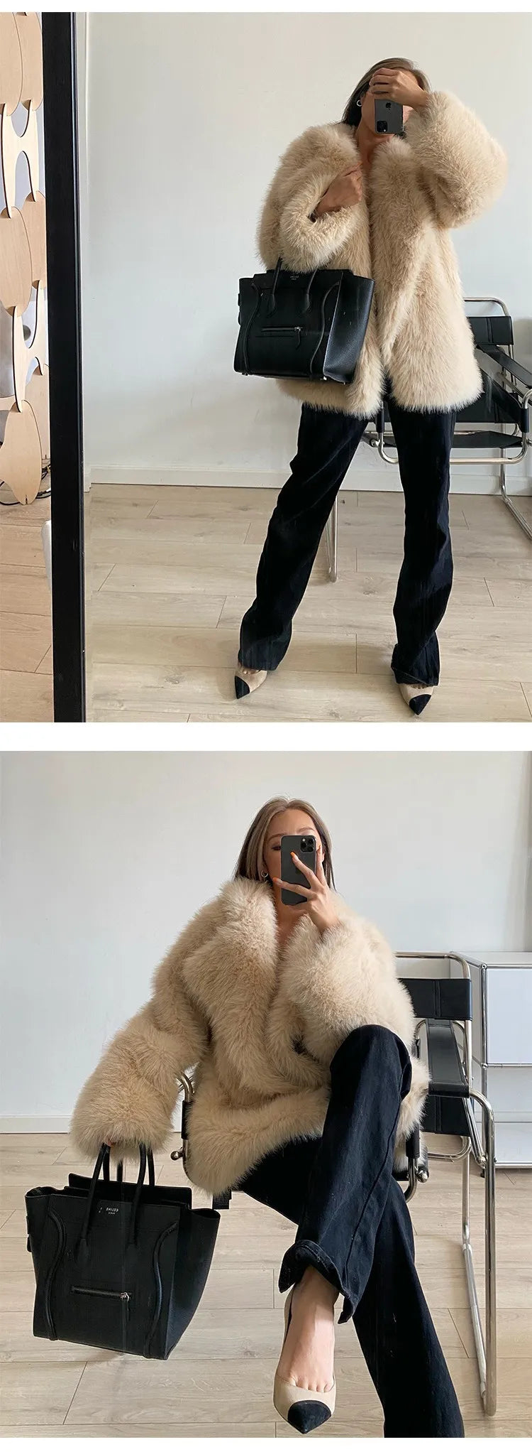 ZADORIN Korean Style Winter Warm Coat Women Mid Length Lapel Loose Faux Fox Fur Coat Luxury Overcoat Fluffy Fur Jacket Tops