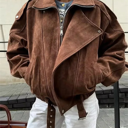 Women's Belt Short Suede Jackets Loose Lapel Long Sleeve Zipper Coats 2025 Spring Lady Vintage Female Outwear Street