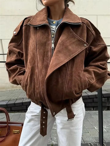 Women's Belt Short Suede Jackets Loose Lapel Long Sleeve Zipper Coats 2025 Spring Lady Vintage Female Outwear Street