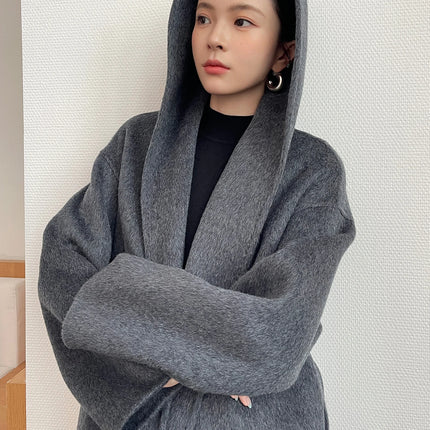 Brushed 100% Wool Coat Women Hooded Belted Wrap Coat Long-Pile Double-Faced Texture Unlined Relaxed Fit Short Coats Fall Winter