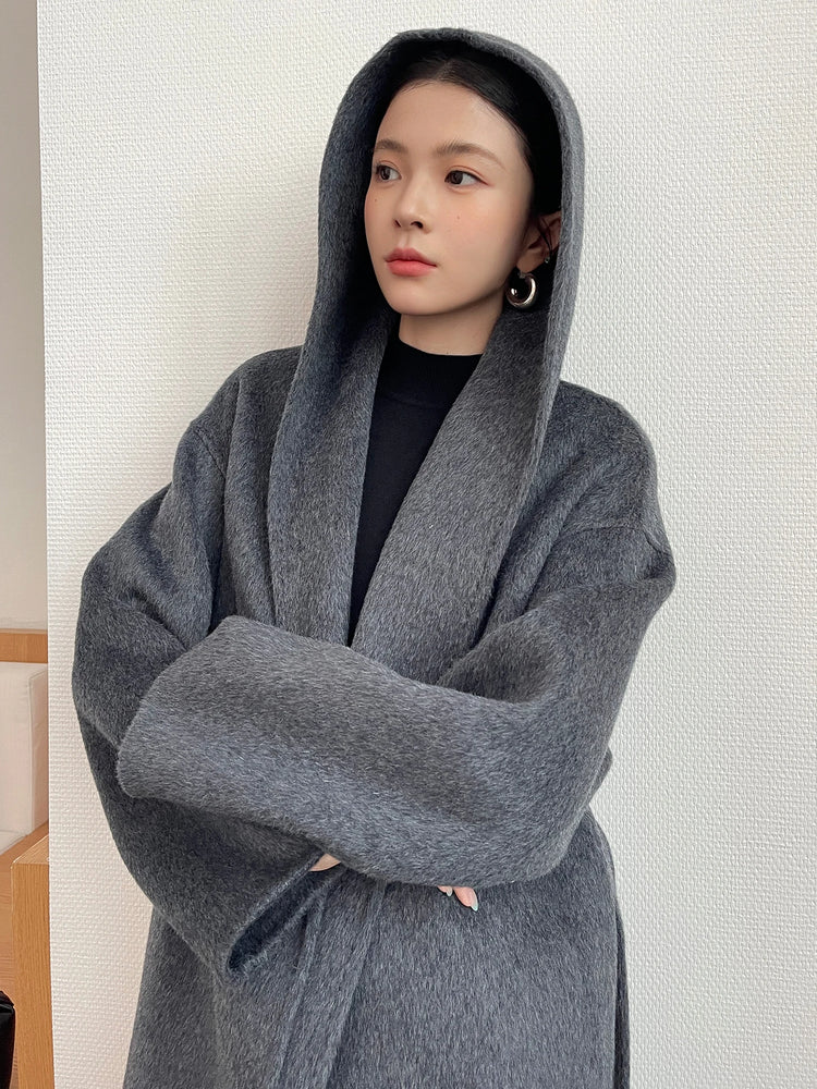 Brushed 100% Wool Coat Women Hooded Belted Wrap Coat Long-Pile Double-Faced Texture Unlined Relaxed Fit Short Coats Fall Winter