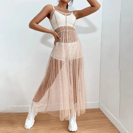 New Summer Women Cover Up Dress senza maniche collo quadrato Beach Holiday paillettes Split Midi Beach Smock Skin-Friendly confortevole platinumshop