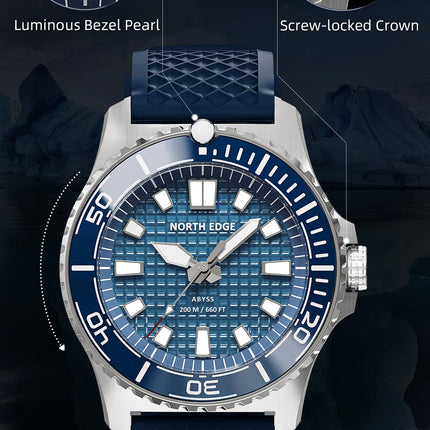 NORTH EDGE NEW Design ABYSS Solar Powered Dive Quartz Wristwatch 200M Waterproof Sports Diving Watch 316L Soft Strap Men Watches