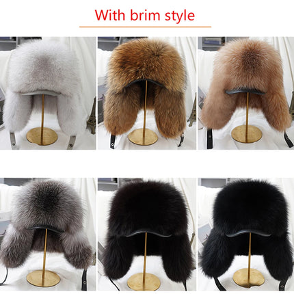 New Winter Men's 100% Real Silver Fox Fur Bomber Hat Raccoon Fur Ushanka Cap Trapper Russian Man Ski Hats Caps Real Leather