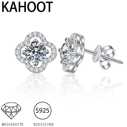 925 Sterling Silver 0.5 Carat x 2 Four-Leaf Moissanite Stud Earrings - Classic and Simple Style, Perfect for Parties PlatiNum