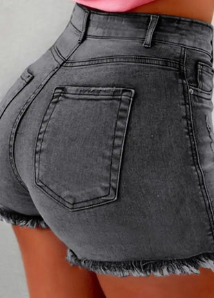 2025 Pantaloncini da donna con bordo strappato effetto consumato retrò Vita alta lavati Tasche laterali slim fit con sollevamento del sedere Pantaloni corti da festa casual da club - platinumshop