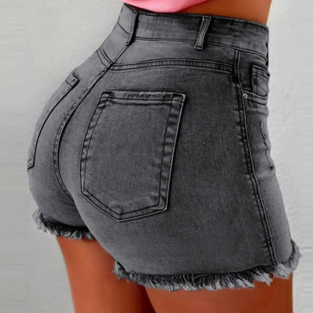 2025 Pantaloncini da donna con bordo strappato effetto consumato retrò Vita alta lavati Tasche laterali slim fit con sollevamento del sedere Pantaloni corti da festa casual da club - platinumshop