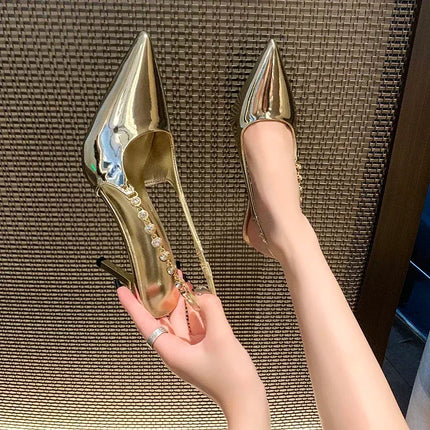Shiny High Heels Slingback Silver Women Pumps Metallic Crystal Sandals Pointy Toe Stiletto Heeled Shoes Party Dress Shoes Woman PlatiNum