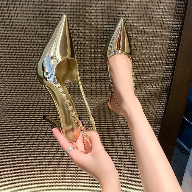 Shiny High Heels Slingback Silver Women Pumps Metallic Crystal Sandals Pointy Toe Stiletto Heeled Shoes Party Dress Shoes Woman PlatiNum