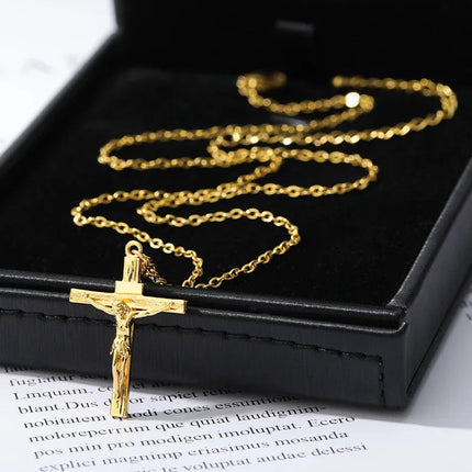 Christian Jesus Cross Necklace For Women Men Stainless Steel Chains Choker Religion Cross Pendants Jewelry Prayer Baptism Gifts PlatiNum
