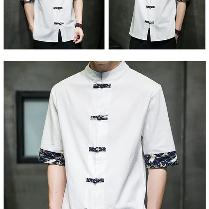 Camicia Kimono giapponese da uomo cinese retrò stampa casual cotone lino cuciture top a maniche corte estate uomo di alta qualità streetwear
