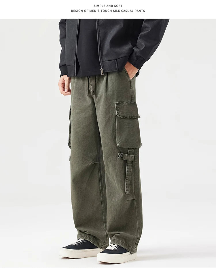 Autumn New Cargo Loose Multi-pockets 100% Cotton Straight Pants for Men Clothing Comfort Zipper Male Trouser GF258113