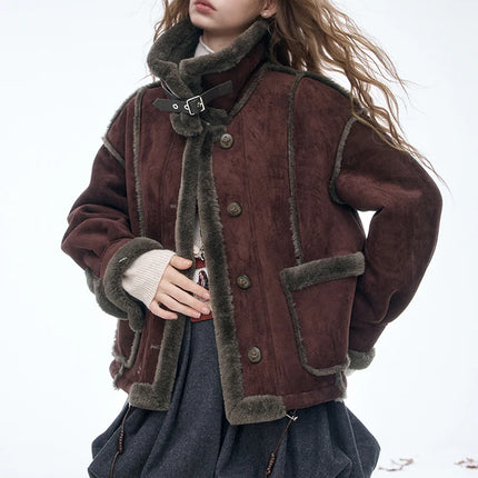 ELFSACK Women's Vintage Suede Plush Winter Coat 2025, Loose Turn-Down Collar Blend Jacket, Casual Versatile Outerwear