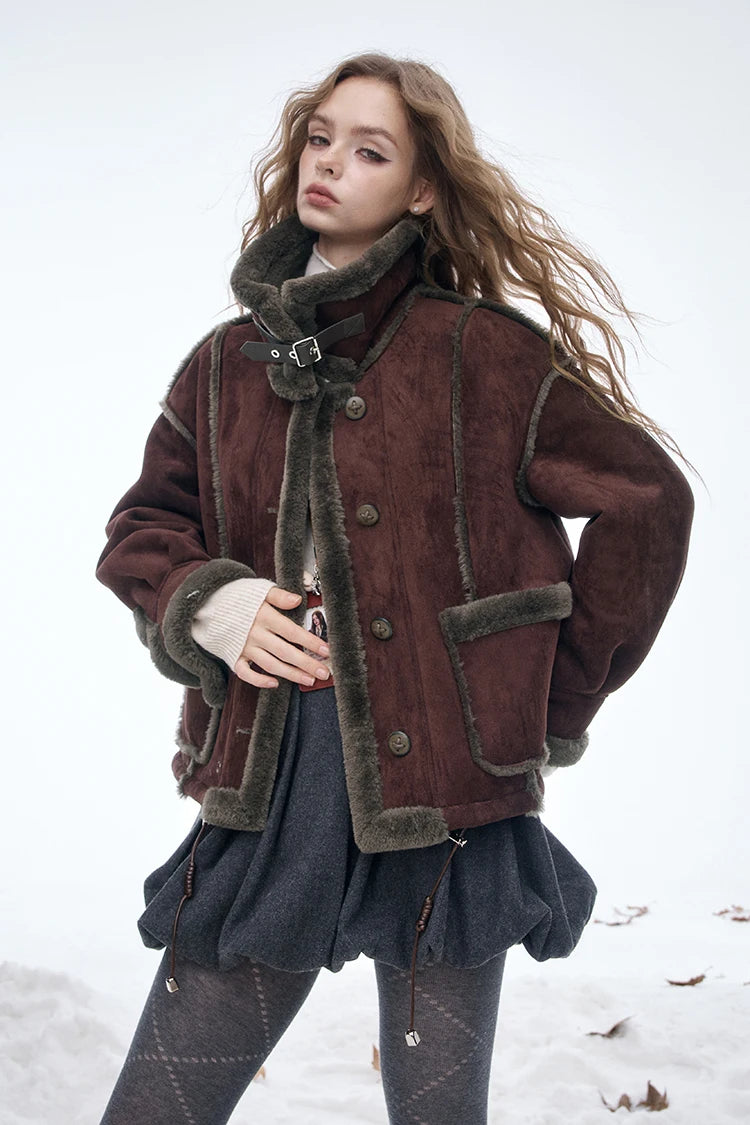 ELFSACK Women's Vintage Suede Plush Winter Coat 2025, Loose Turn-Down Collar Blend Jacket, Casual Versatile Outerwear