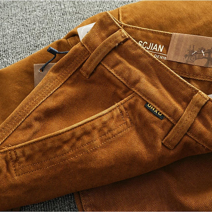 Retro heavy simple cargo pants men's loose straight leg casual pants pure cotton twill woven 3D vertical cut cone pants