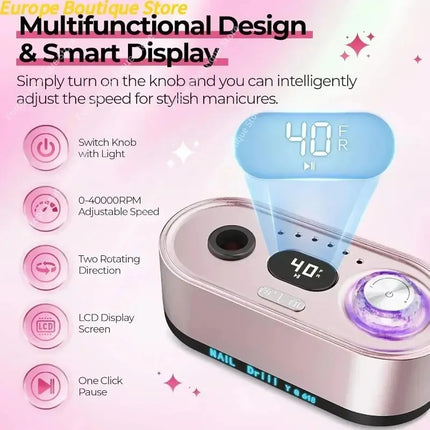 2026 Pro Specialist Electric Nail Refiner 40000RPM LCD Digital Nail Drill Machine Pack For Acrylic Gel Nails Salon Manicure Instrument