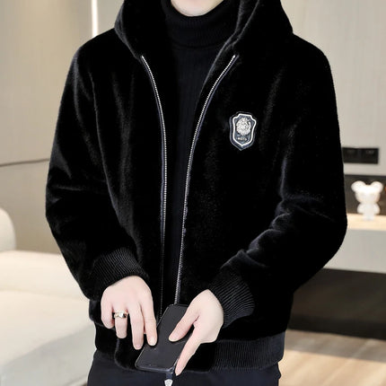Autumn Winter Faux Fur Hooded Jacket Men Fashion Social Faux Mink Fur Casual Business Jacket Thick Warm Outdoor Windproof Coat