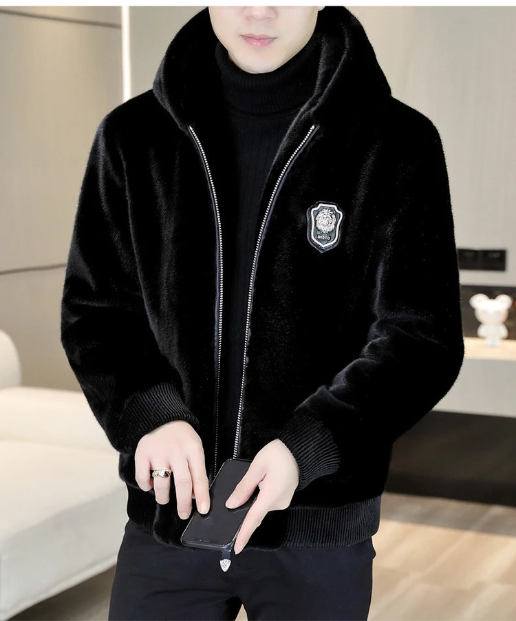 Autumn Winter Faux Fur Hooded Jacket Men Fashion Social Faux Mink Fur Casual Business Jacket Thick Warm Outdoor Windproof Coat