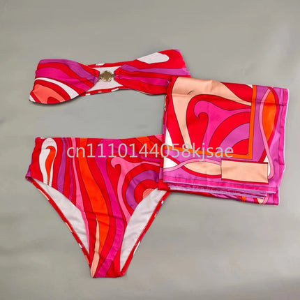Set Bikini Rosso da Donna dal Design Classico, Costume da Bagno di Marca alla Moda con Fascia per Capelli platinumshop