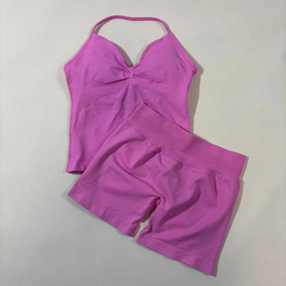 Yoga 2pcs Impact Gym Set Women Backless Tank Tops High Waist Scrunch Seamless Shorts Fitness Clothes Activewear Workout Sets