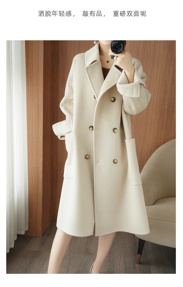 Ladies' 100% Cashmere Thick Double-Sided Extended Coat, Classic, Versatile and Fashionable for Business and Leisure