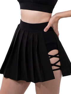 Minigonna estiva sexy da donna con bendaggio laterale, vita alta elasticizzata, con pantaloncini integrati, modello A-line slim, stile tennis, ideale per il club.