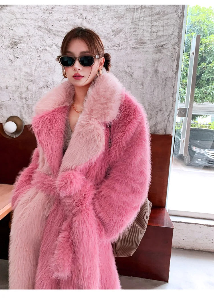 ZADORIN New Spliced Oversize Belted Long Faux Fur Coat Woman Winter Clothes Furry Jacket Fur Faux Coat New in Coats & Jackets