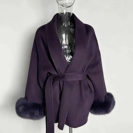 UCXQ Elegant Woolen Coat Temperament Office Lady Overcoats Fur Patchwork Long Sleeve Beautiful Women's Coats 2025 Winter New