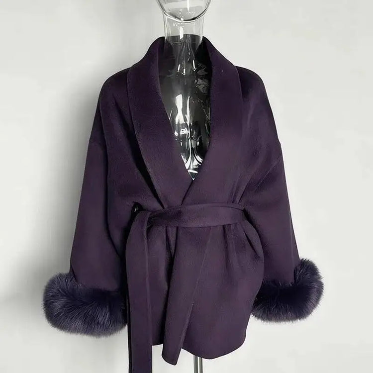 UCXQ Elegant Woolen Coat Temperament Office Lady Overcoats Fur Patchwork Long Sleeve Beautiful Women's Coats 2025 Winter New