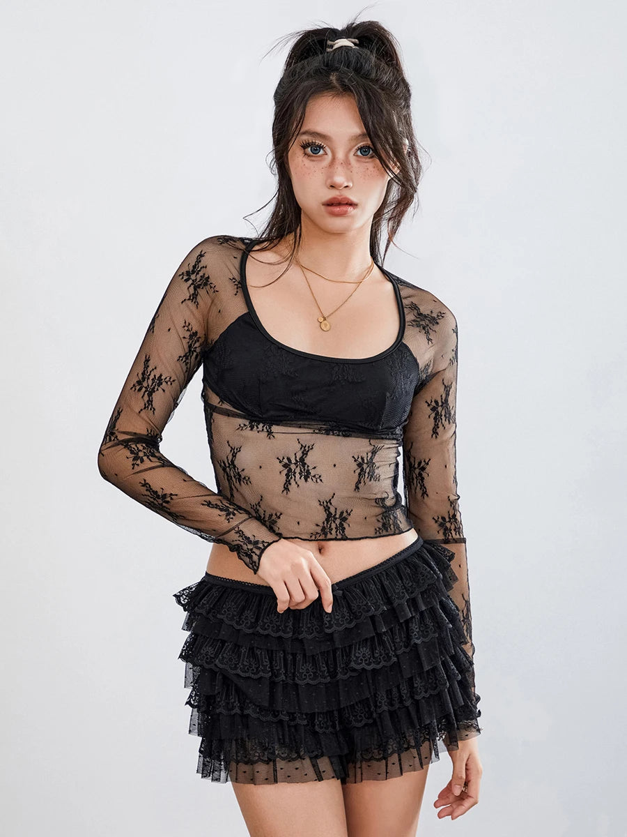 Women Mesh Lace Bloomer Shorts Y2k Layered Ruffle Frilly Booty Shorts Fairy Bowknot Sexy Boy Shorts Panties Party Clubwear
