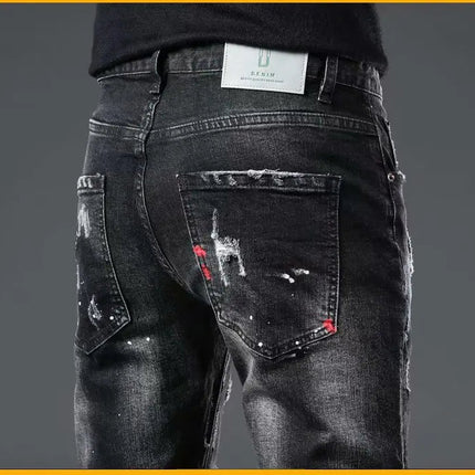 High Street  2022 Fashion Casual Ripped Jeans Men's Patch Teenagers Cowboy Paint Splash Ink Black Pencil Pants Skinny Jeans Men PlatiNum