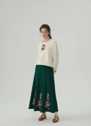 62-96cm Waist Fall Winter Long Skirts Women Elegant Handmade Embriodery Crochet Red Fruit Cashmere Wool Knitted Emerald Skirts PlatiNum