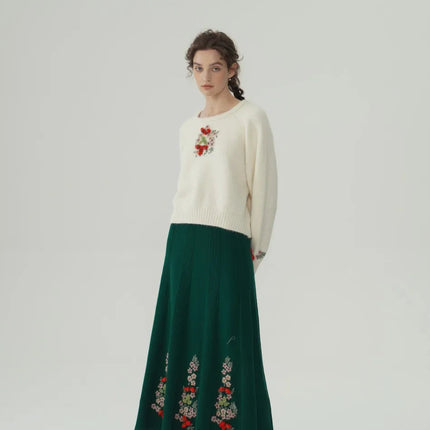 62-96cm Waist Fall Winter Long Skirts Women Elegant Handmade Embriodery Crochet Red Fruit Cashmere Wool Knitted Emerald Skirts PlatiNum