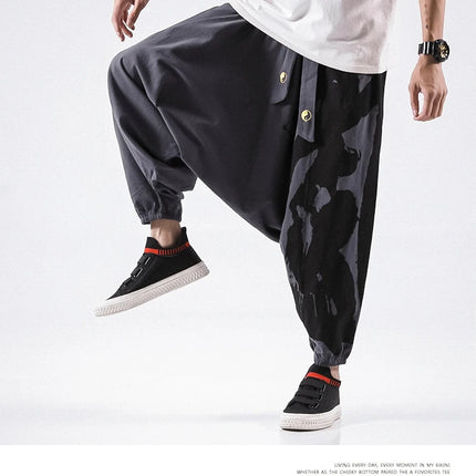 Pantaloni alla moda da uomo Samurai giapponese Ukiyo-e Cintura con stampa Pantaloni stile harem da uomo in cotone e lino Casual Oversize Harajuku Pantaloni a gamba larga da uomo